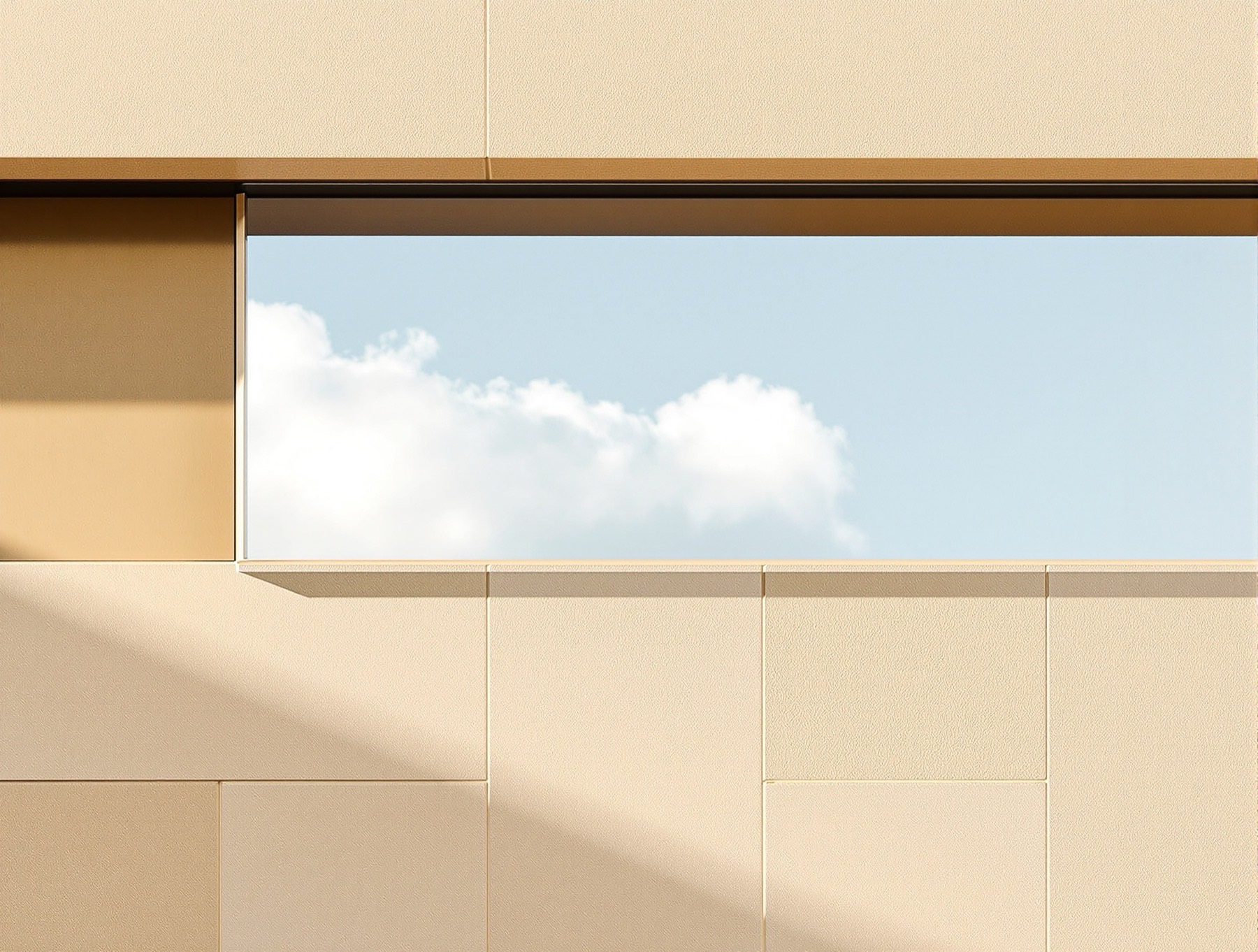 Close architectural detail of a residential facade in warm travertine and bronze.