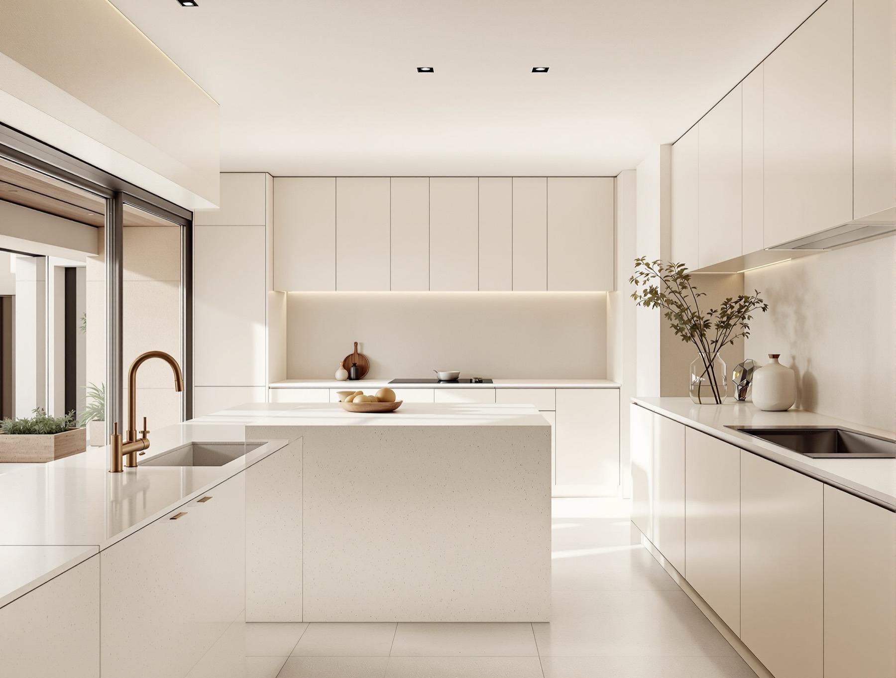 An empty premium apartment kitchen with a pale stone island and soft courtyard daylight.