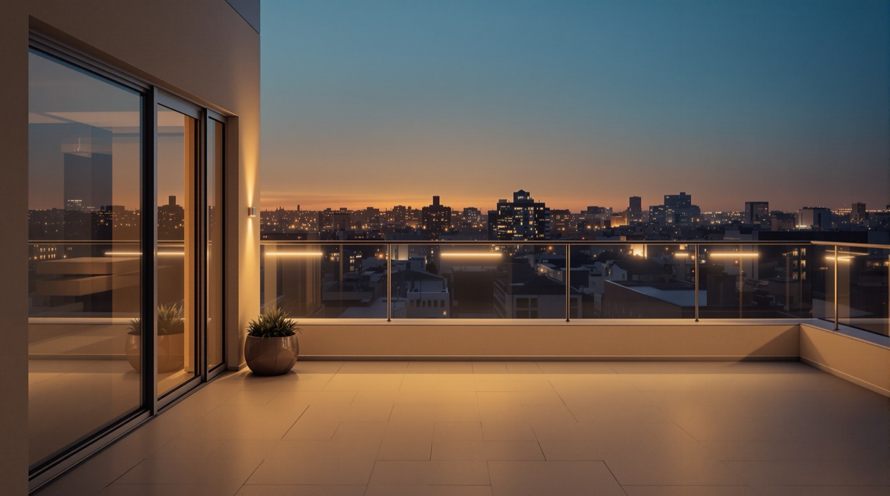 An apartment terrace at dusk, city lights beyond a glass balustrade.